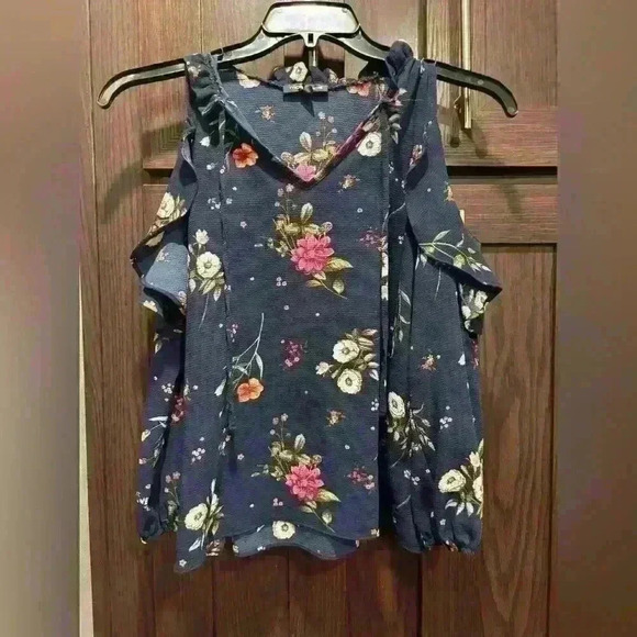 Moa Moa Tops - Navy Floral Cold Shoulder Long Sleeve Blouse